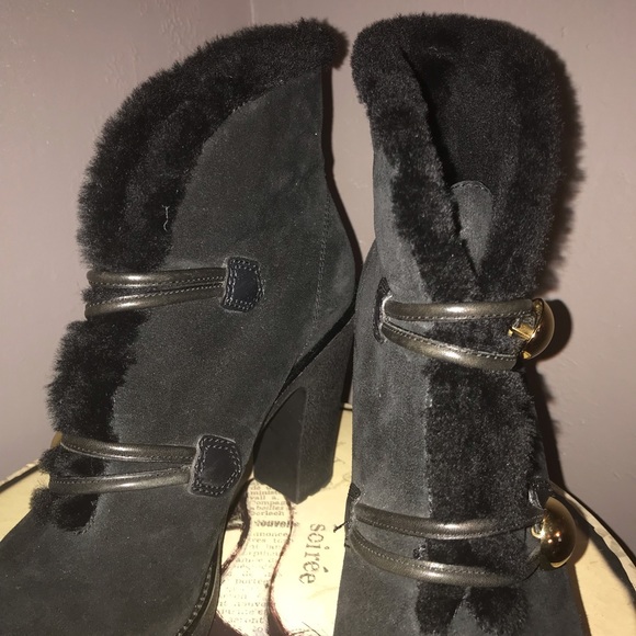 Coach Black Fur and Suede Gold Button Ankle Boots - Picture 7 of 8